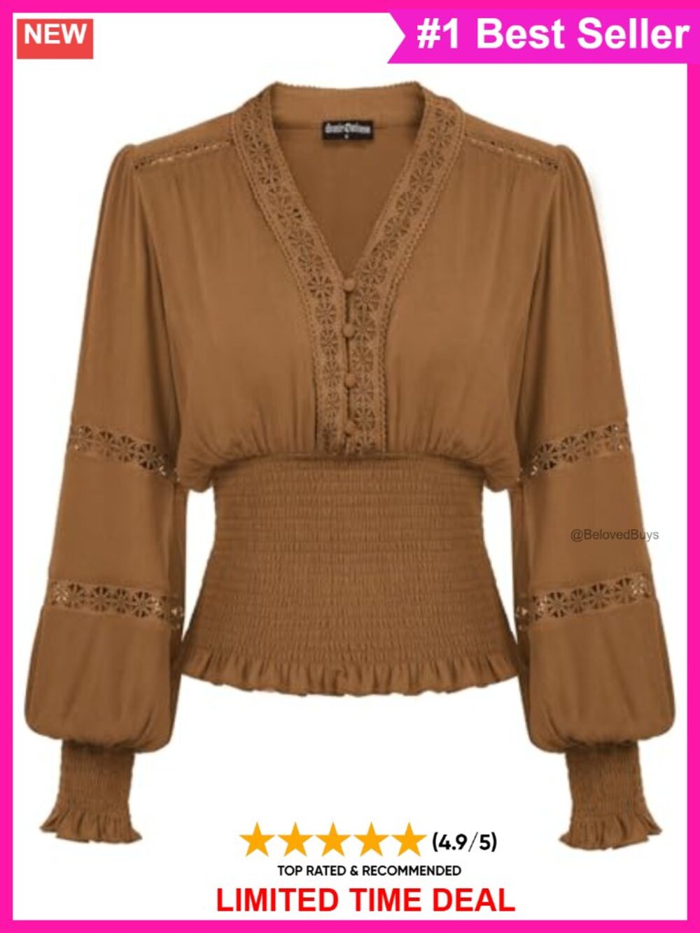 Renaissance Peasant Blouse Lace V-Neck Smocked Waist Tunic Top